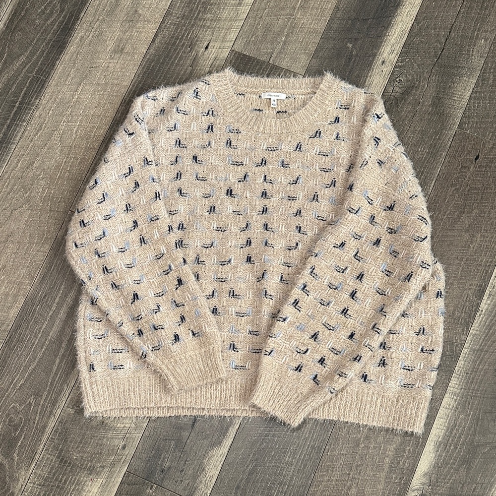 Maurices Beige Crewneck Sweater with Navy & Light Blue Detail With Shimmer